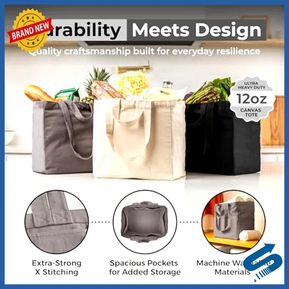 Heavy Duty Canvas Tote Set Foldable Washable Grocery Bags with Pockets